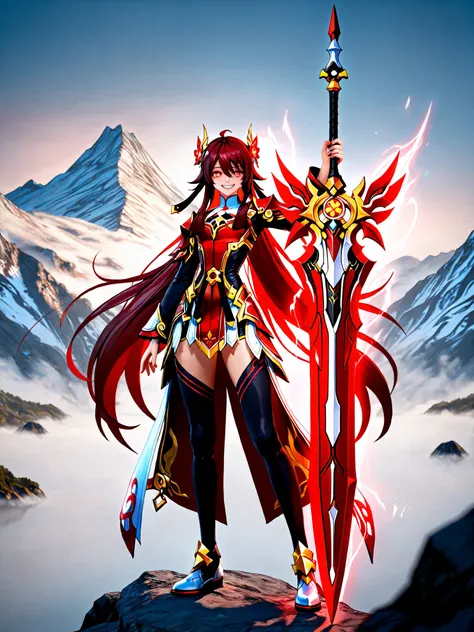 8k ultra hd, realistic, hyperdetailed, 3d rendered, masterpiece, mountain landscape, solo, 20 years old , yandere, elesis sieghart(elsword), sword holding girl, red hair, long hair, red eyes, perfect hands (5 parmak), irelia, hu tao, white and red armore...