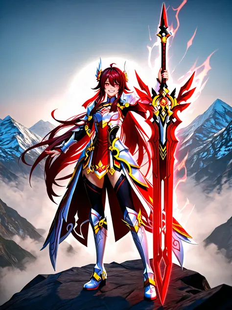8k ultra hd, realistic, hyperdetailed, 3d rendered, masterpiece, mountain landscape, solo, 20 years old , yandere, elesis sieghart(elsword), sword holding girl, red hair, long hair, red eyes, perfect hands (5 parmak), irelia, hu tao, white and red armore...