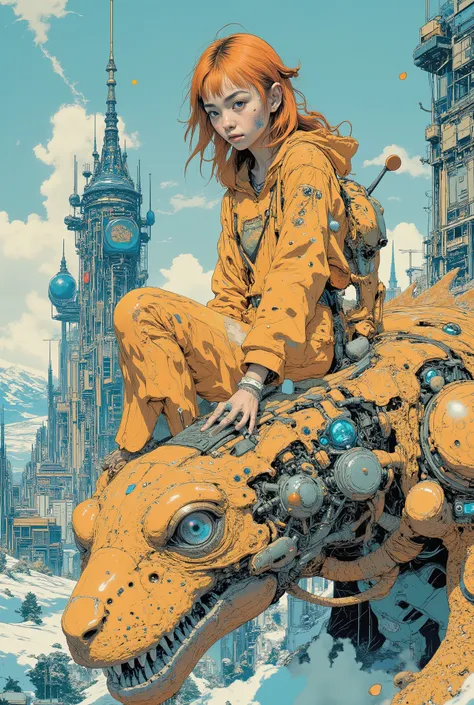 CAICO,patterned,SF comic style, European bande dessinée illustration, Moebius inspired art, cute young girl, full body character design, very beautiful face, natural and clean face with no extra ornaments, blunt bangs, orange hair, short hair, braid hair, ...
