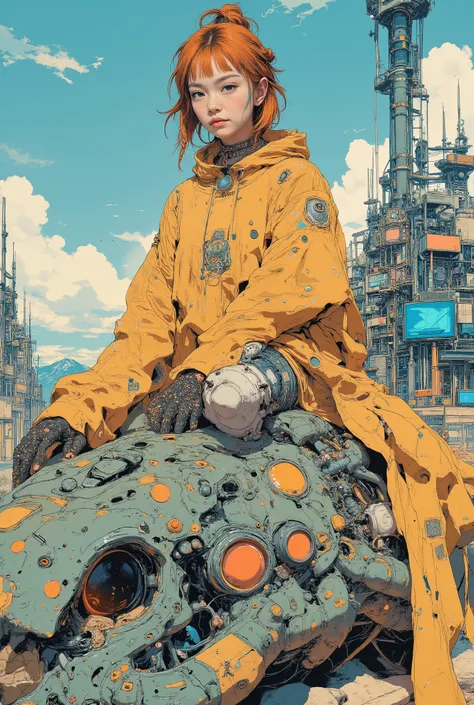 CAICO,patterned,SF comic style, European bande dessinée illustration, Moebius inspired art, cute young girl, full body character design, very beautiful face, natural and clean face with no extra ornaments, blunt bangs, orange hair, short hair, braid hair, ...