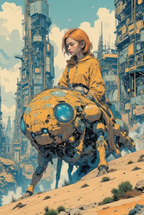 CAICO,patterned,SF comic style, European bande dessinée illustration, Moebius inspired art, cute young girl riding a gigantic insect-like sci-fi vehicle, full body character design, natural and clean face with no extra ornaments, beautiful face, blunt bang...