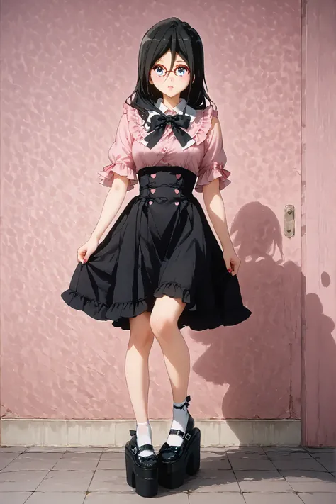 (((inspired by Asuka Tanaka:2.0))),((inspired by Kyoto Animation Style:1.5)),,(masterpiece, best quality),beautiful, beautiful-woman, ((detailed face)).(full body:1.3).,
((black hair)), glasses, blue eyes, long hair, over-rim eye-wear,semi-rimless eye-wea...