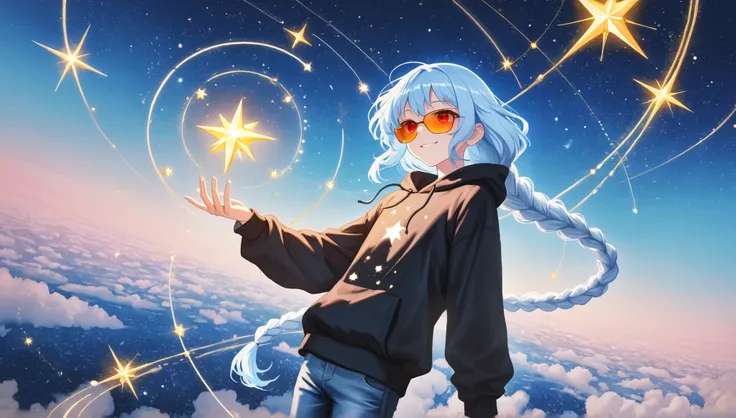 Masterpiece, highest quality, cowboy shot, kawaii anime, soft light, creative scenery panorama, pastel art, watercolor, anime background, ultra aesthetic composition, 1 boy, ikemen, very long single braid pale blue hair, red eyes, black hoodie, jeans, smil...