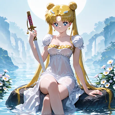 masterpiece, amazing quality, best quality, ultra-detailed, 8K, illustration, clear skin, ultra-detailed-eyes, soft skin, very awa, very as2, soft body, 1990s \(style\), official art, solo, usagi tsukino, blonde hair, blue eyes, double bun, hair bun, long ...