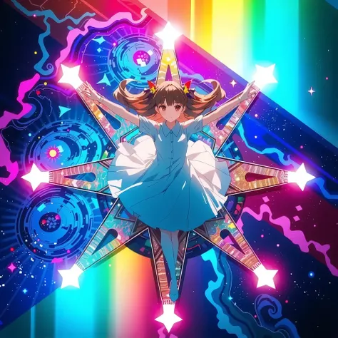 (A girl is sting on a horizontally drawn pentagonal star, three-dimensional bird's-eye view ), Anime alone, Adjust the balance of, Everything is depicted in front light , Glow light lighting that makes the subject shine , Galaxy Expression Live Backgro...