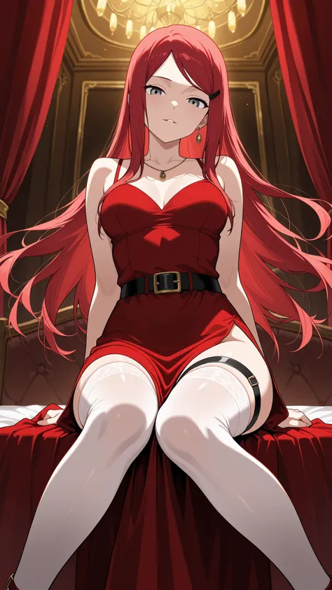 BREAK (masterpiece:1.2), Luxurious erotic room, deep red and crimson velvet curtains, dim candlelight glowing softly, large bed with silk sheets and canopy, golden mirrors reflecting sensual atmosphere, soft shadows, romantic decadent vibe, cinematic compo...