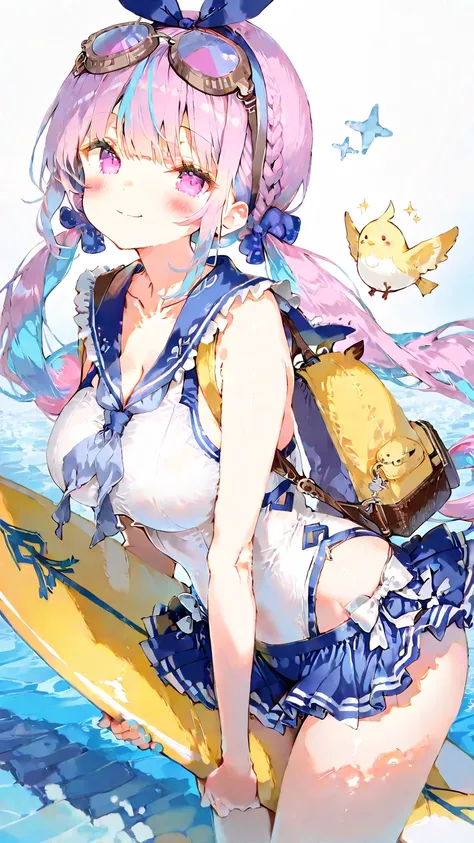 cinematic animation-style illustration in (Anmi:1.2) and (GAOU),subtle gradients, soft translucent layering, cute, expressive and whimsical facial charm, character design with playful proportions, /k.s† 
(Minato Aqua),A girl in a ruffled sailor swimsuit with a skirt and large breasts, softly squishing upon contact, wearing cute goggles on her head and carrying an explorer’s backpack on her back. She holds a small yellow bird-like plushie while riding a banana-shaped surfboard. She stands dynamically on the board in a vibrant, polished interface-style background inspired by mobile game home screens, anatomically correct hands, Azur Lane aesthetic.