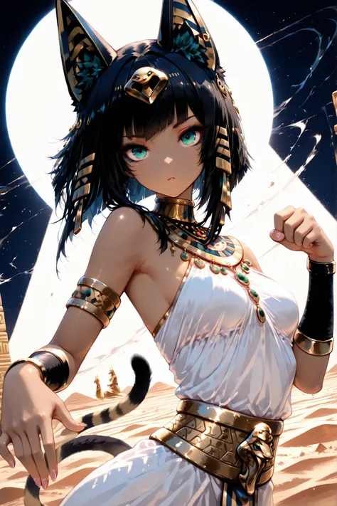 masterpiece, highest quality,
((19 years old)) girl,((Bastet in Egyptian mythology)),
Egyptian God, Egyptian Mythology, Egyptian Costume, Egyptian Gold Accessories, Mayan Clothing,
blown asymmetrical hair, completely straight,
, blown cat ear, blown cat...