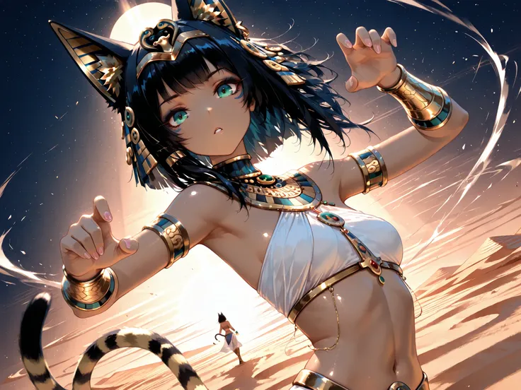 masterpiece, highest quality,
((19 years old)) girl,((Bastet in Egyptian mythology)),
Egyptian God, Egyptian Mythology, Egyptian Costume, Egyptian Gold Accessories, Mayan Clothing,
blown asymmetrical hair, completely straight,
, blown cat ear, blown cat...