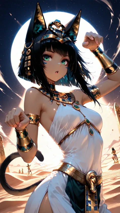 masterpiece, highest quality,
((19 years old)) girl,((Bastet in Egyptian mythology)),
Egyptian God, Egyptian Mythology, Egyptian Costume, Egyptian Gold Accessories, Mayan Clothing,
blown asymmetrical hair, completely straight,
, blown cat ear, blown cat...