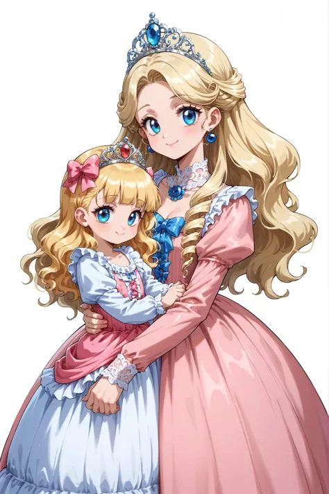 1990s style anime,Cute Princess, she's smiling,((pink silk satin victorian style large ball gown dress.:1.0)),baby-like face,short tall ,long sleeve,The dress is decorated with lots of ruffles and bows., have waist-length blonde wavy long hair,they wear a ...