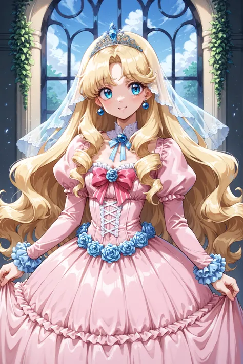 1990s style anime,Cute Princess, she's smiling,((pink silk satin victorian style large ball gown dress.:1.0)),,short tall ,long sleeve,The dress is decorated with lots of ruffles and bows., have waist-length blonde wavy long hair,they wear a princess tiara...