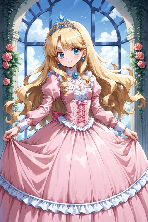 1990s style anime,Cute Princess, she's smiling,((pink silk satin victorian style large ball gown dress.:1.0)),,short tall ,long sleeve,The dress is decorated with lots of ruffles and bows., have waist-length blonde wavy long hair,they wear a princess tiara...
