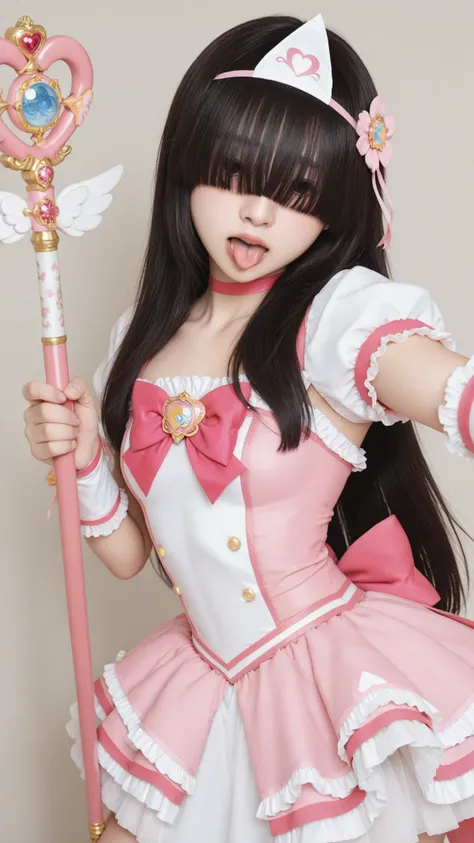 masterpiece 、 最高品質 1 woman holding thunder, solo、  、fair skin, 1 woman holding thunder,、dark haired、long straight hair、Beautiful girl,cute、sexy、,hair hanging over eyes、　dull bangs  ,、small breasts, ,  No expression,　　　　　　　　triangular headpiece made of plai...