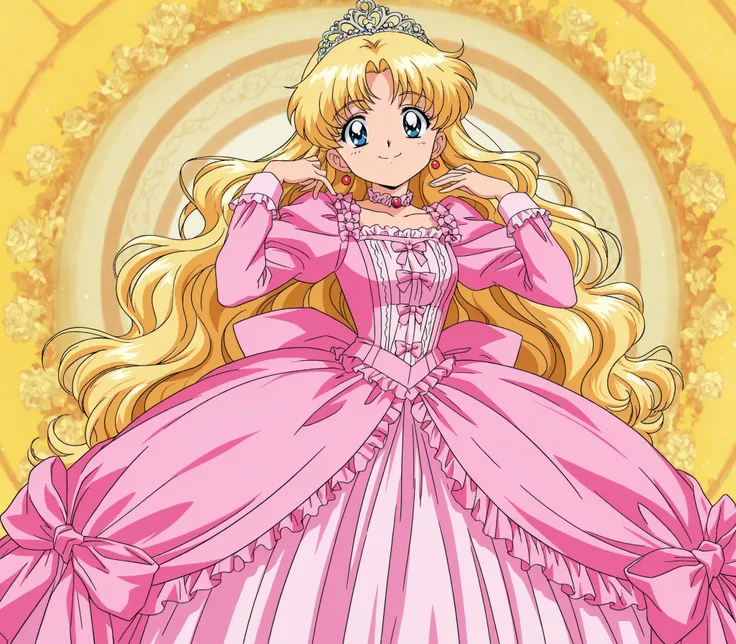 masterpiece, very beautiful, (Anime Coloring, anime screenshot), OFFICIAL ART, illustration, 1990's anime style,
1girl, masterpiece, Highest Quality, absurd, OFFICIAL ART, Official Style, Cute Princess, she's smiling,((pink silk satin victorian style large...