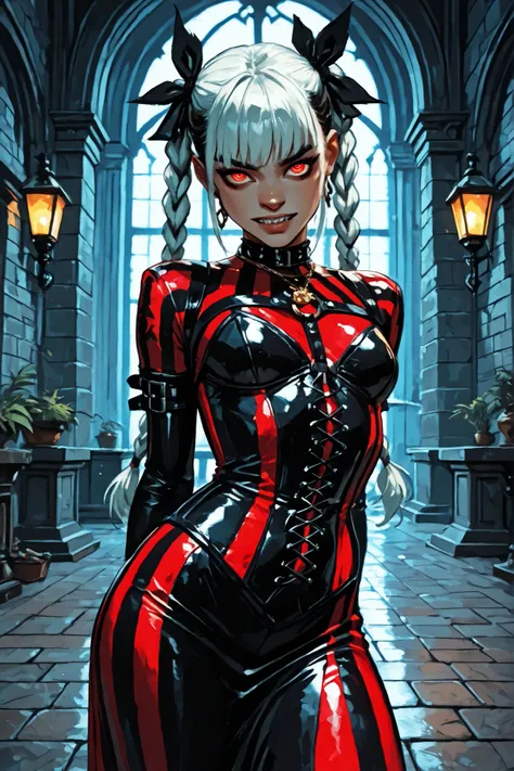 Drawn like the artist Bob Kehl. Phaedra from Fortnite with white and dark hair, deep red-coloured eyes, slanted big eyes, with sharp teeth, athletic body and abs. Darker skin colour. Slender and athletic. Cute, round and young face. White highlights in her...