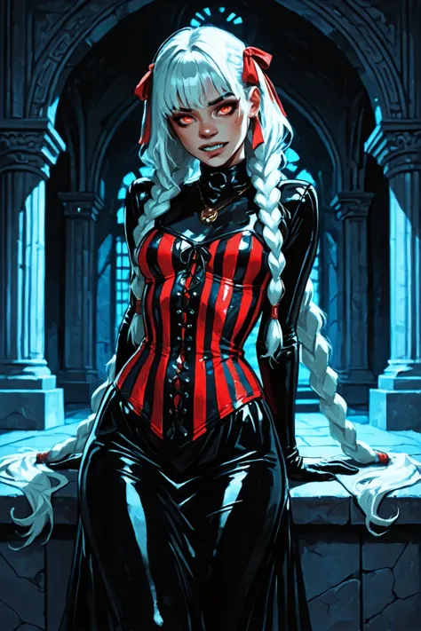 Drawn like the artist Bob Kehl. Phaedra from Fortnite with white and dark hair, deep red-coloured eyes, slanted big eyes, with sharp teeth, athletic body and abs. Darker skin colour. Slender and athletic. Cute, round and young face. White highlights in her...