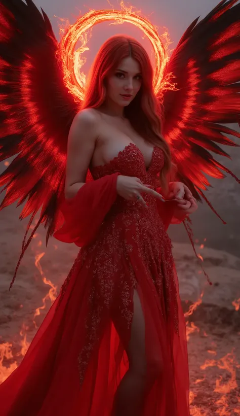 Detailed proportions and textures and multi-color with  in the style if dmai that presents a semi-realistic illustration a ornate hyper real of horrific disaster modern gothic style of  a otherworldly  female fatale with striking, large wings. The wings ar...