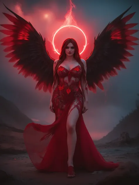 Detailed proportions and textures and multi-color with  in the style if dmai that presents a semi-realistic illustration a ornate hyper real of horrific disaster modern gothic style of  a otherworldly  female fatale with striking, large wings. The wings ar...