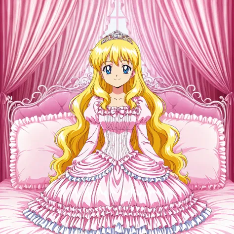 Far Distance,masterpiece, very beautiful, (Anime Coloring, anime screenshot), OFFICIAL ART, illustration, 1990's Anime Style,
1girl, masterpiece, Highest Quality, absurd, OFFICIAL ART, Official Style, Cute Princess, she's smiling,((pink silk satin victoria...