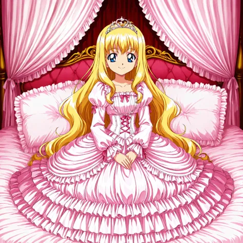 Far Distance,masterpiece, very beautiful, (Anime Coloring, anime screenshot), OFFICIAL ART, illustration, 1990's Anime Style,
1girl, masterpiece, Highest Quality, absurd, OFFICIAL ART, Official Style, Cute Princess, she's smiling,((pink silk satin victoria...