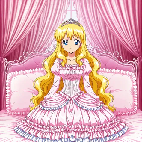 Far Distance,masterpiece, very beautiful, (Anime Coloring, anime screenshot), OFFICIAL ART, illustration, 1990's Anime Style,
1girl, masterpiece, Highest Quality, absurd, OFFICIAL ART, Official Style, Cute Princess, she's smiling,((pink silk satin victoria...