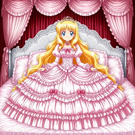 Far Distance,masterpiece, very beautiful, (Anime Coloring, anime screenshot), OFFICIAL ART, illustration, 1990's Anime Style,
1girl, masterpiece, Highest Quality, absurd, OFFICIAL ART, Official Style, Cute Princess, she's smiling,((pink silk satin victoria...