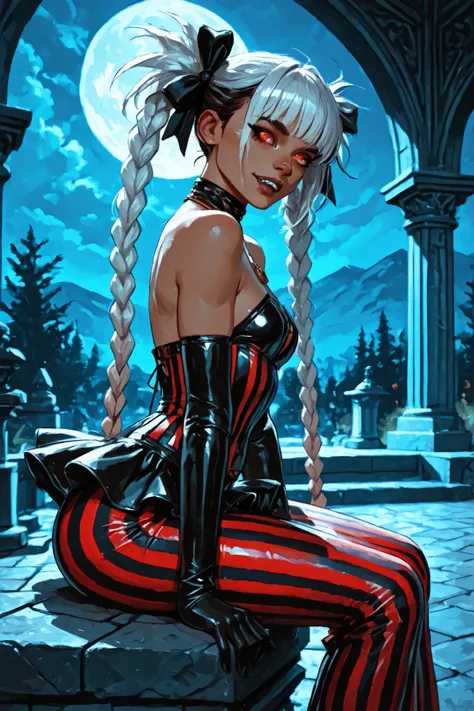 Drawn like the artist Bob Kehl. Phaedra from Fortnite with white and dark hair, deep red-coloured eyes, slanted big eyes, with sharp teeth, athletic body and abs. Darker skin colour. Slender and athletic. Cute, round and young face. White highlights in her...