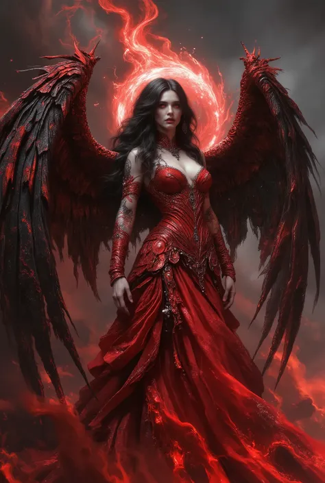 Detailed proportions and textures and multi-color with in the style if dmai that presents a semi-realistic illustration a ornate hyper real of horrific disaster modern gothic style of a otherworldly female fatale with striking, large wings. The wings ar...