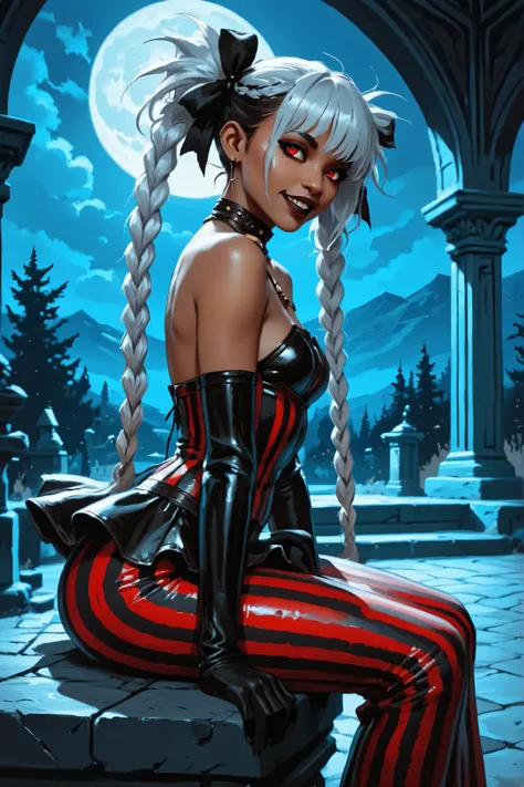 Drawn like the artist Bob Kehl. Goth girl. She has brown skin. Phaedra from Fortnite with white and dark hair, deep red-coloured eyes, slanted Asian eyes, black eyeliner, black lipstick, with sharp teeth, athletic body and abs. Slender and athletic. Cute, ...