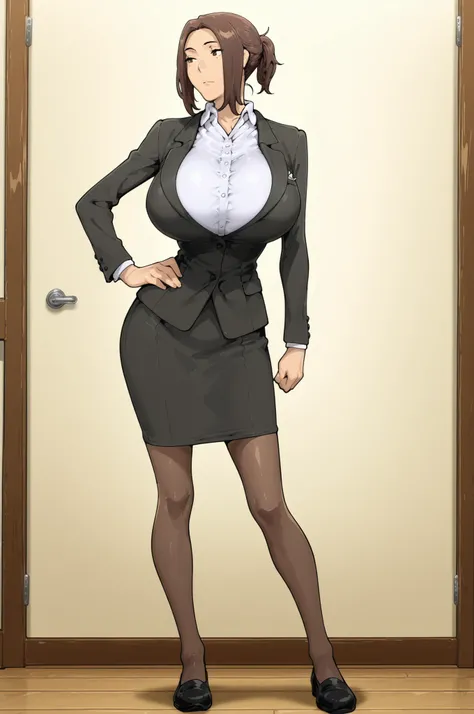 mtsp_kyouka,brown hair,large breasts,mature female,short ponytail,(full body,straight-on,contrapposto),{artstyle: (((iwao178,S4s4k1Nsfw,zenless zone zero,[Yoneyama Mai,]))),nia (nia4294),modare,baffu},simple shading,((cel shading,anime coloring,anime scree...