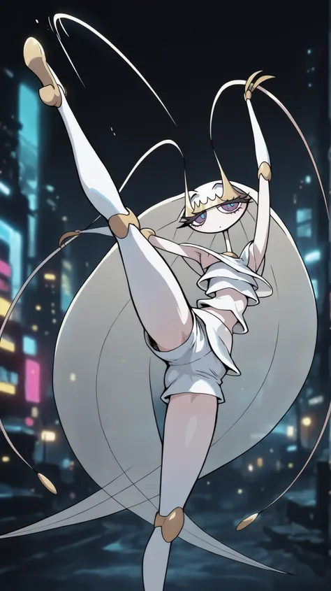 Pheromosa from Pokemon, White Body,Thin Waist, Very Thin Waist, Wasp Waist, Solo,vibrant colors, cel shading, Simplistic Art Style, solo,jumping kick,(acrobat:1.3),{cyberpunk background}