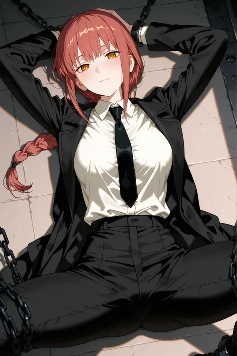 makima, braided ponytail,solo,black necktie,collard shirt,shirt,white shirt,black suit,black pants,light smile,ringed eyesSeen from the front,long eyelashesh,Blush,is staring at viewers,attractive thighs with beautiful patterns, dim light,  want to escape,...
