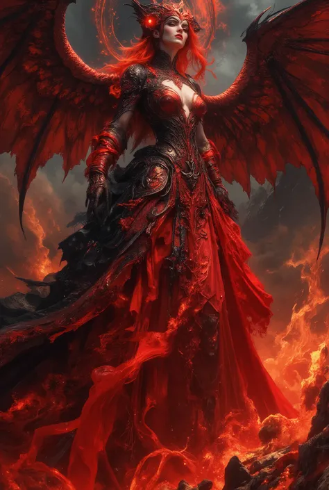 Detailed proportions and textures and multi-color with in the style if dmai that presents a semi-realistic illustration a ornate hyper real of horrific disaster modern gothic style of a otherworldly female fatale with striking, large wings. The wings ar...