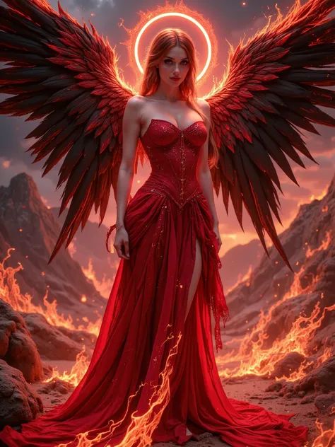 Detailed proportions and textures and multi-color with  in the style if dmai that presents a semi-realistic illustration a ornate hyper real of horrific disaster modern gothic style of  a otherworldly  female fatale with striking, large wings. The wings ar...