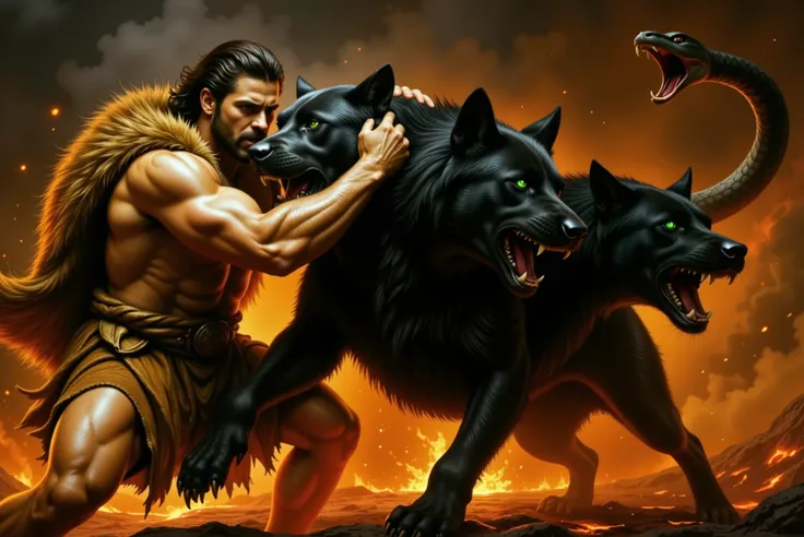 Epic horizontal photorealistic scene of Hercules battling Cerberus in the underworld. Hercules is a muscular, heroic figure wearing a lion skin over his shoulder and waist, with intense expression and bulging muscles. He is grappling with Cerberus, holding...