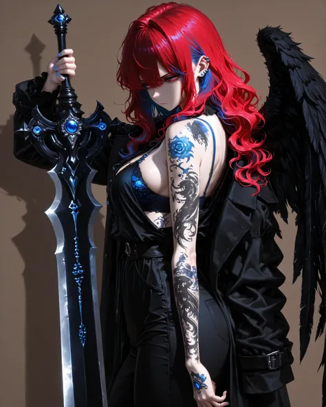 wolfcut, fluffy hair, voluminous hair, wavy centerparted, wavy bangs, wavy hair,,side angle, close-up, (masterpiece, vivid color, 4k), {1woman}:(a beautiful and attractive woman, bra size L, with "long red hair:1.2" with blue highlights and a rebellious ha...