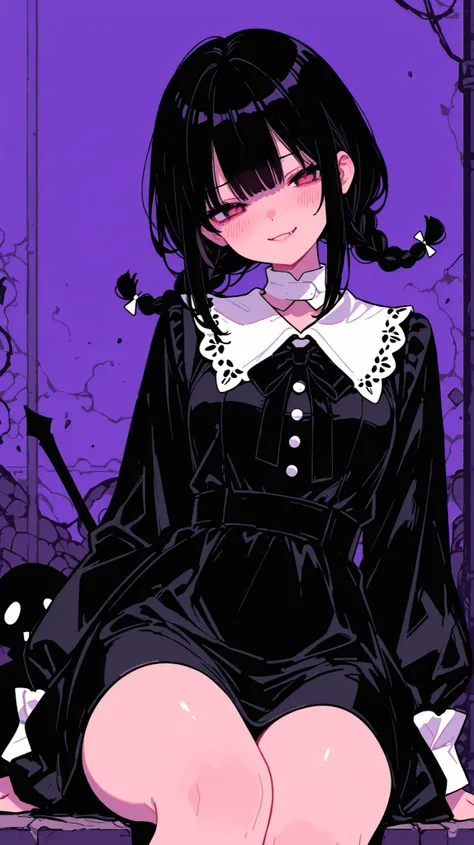 8k wallpaper , Flatline, Flat vector illustration,、 best quality 、Masterpiece、 748cm style 、cute face, beautiful,Female 1 person,wednesday woman, Wednesday Addam, black hair,two braids, black outfit, gothic black dress, black dress, white collar,long s...