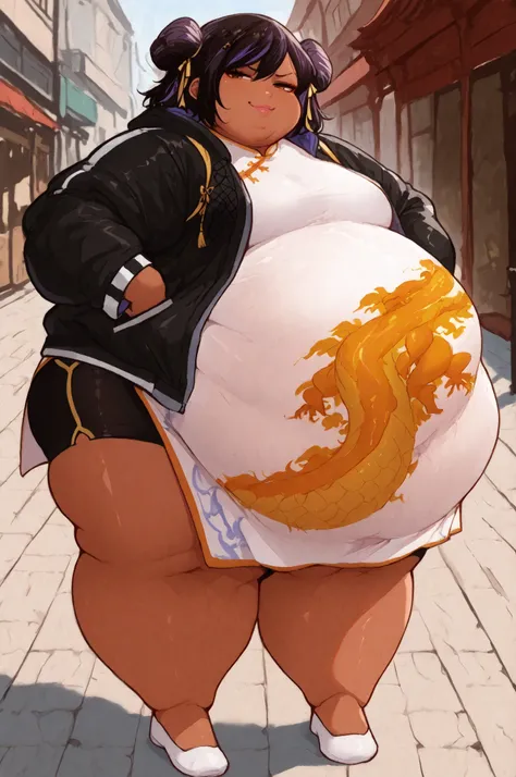 masterpiece, best quality,1girl, solo, gogo tomago,multicolored hair, twin tails, brown eyes, lips, dark skin, Asian, shirt, long sleeves, hair ornament, ribbon, hair ribbon, open clothes, shorts, open jacket, black jacket, black shorts, Chinese clothes, s...