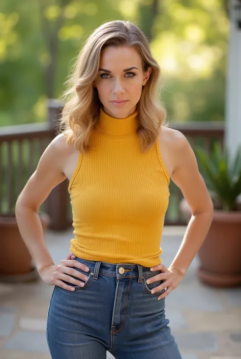 realistic full-body portrait, ultra-detailed 8k, elegant dominant woman in late 40s, mature beauty with smooth skin and subtle fine lines, professional makeup: bronze eyeshadow, defined brows, natural pink lips, harsh strict expression with piercing gaze, ...