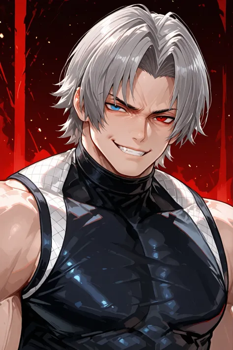 RugalIL, 1boy, male focus, mature male, blue eyes, red eyes, heterochromia, short hair, grey hair, muscular, young man, villain smile
