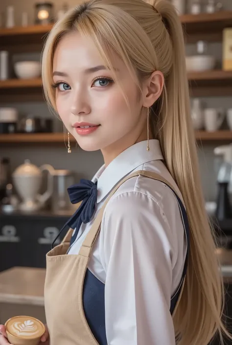 Highest Quality、Ultra-detailed CG、HD、Clear Quality、sharp focus、豊かなcontrast、sophisticated coffee shop with beautiful baristas working、baristas create latte art with skilled techniques、apron visible from the outside、focused expression、 steam rises、wooden cou...