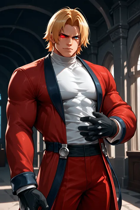 masterpiece, best quality, amazing quality, RugalIL, 1boy, solo, male focus, mature male, blue eyes, red eyes, heterochromia, short hair, blonde hair, glowing eye, muscular, white shirt, black gloves, red pants, red coat, red jacket, young man
