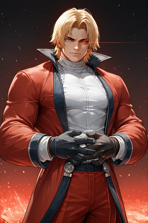 masterpiece, best quality, amazing quality, RugalIL, 1boy, solo, male focus, mature male, blue eyes, red eyes, heterochromia, short hair, blonde hair, glowing eye, muscular, white shirt, black gloves, red pants, red coat, red jacket, young man