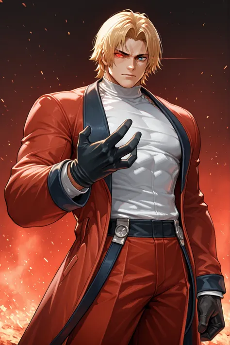 masterpiece, best quality, amazing quality, RugalIL, 1boy, solo, male focus, mature male, blue eyes, red eyes, heterochromia, short hair, blonde hair, glowing eye, muscular, white shirt, black gloves, red pants, red coat, red jacket, young man
