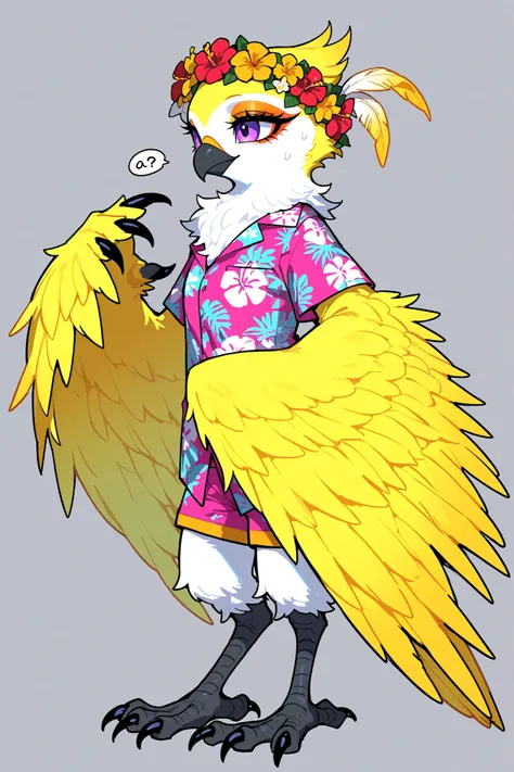 (xxx667_illu,birdgirl,tail, feathers, claws, furry female, body feathers, bird tail, snout, beak, bird girl, bird legs, feather hair,wings, feathered wings,) The girl is a hybrid of a parrot, a harpy furry. She has yellow feathers all over her body. She ha...