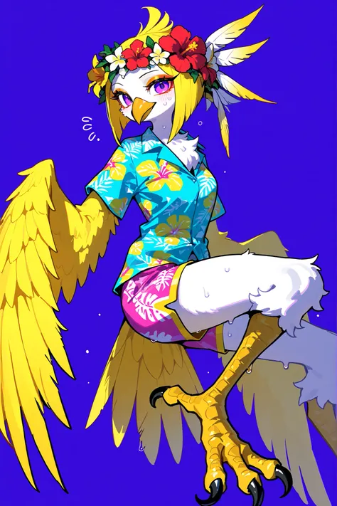 (xxx667_illu,birdgirl,tail, feathers, claws, furry female, body feathers, bird tail, snout, beak, bird girl, bird legs, feather hair,wings, feathered wings,) The girl is a hybrid of a parrot, a harpy furry. She has yellow feathers all over her body. She ha...