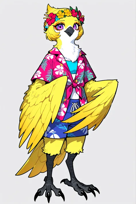 (xxx667_illu,birdgirl,tail, feathers, claws, furry female, body feathers, bird tail, snout, beak, bird girl, bird legs, feather hair,wings, feathered wings,) The girl is a hybrid of a parrot, a harpy furry. She has yellow feathers all over her body. She ha...