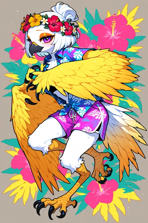 (xxx667_illu,birdgirl,tail, feathers, claws, furry female, body feathers, bird tail, snout, beak, bird girl, bird legs, feather hair,wings, feathered wings,) The girl is a hybrid of a parrot, a harpy furry. She has yellow feathers all over her body. She ha...