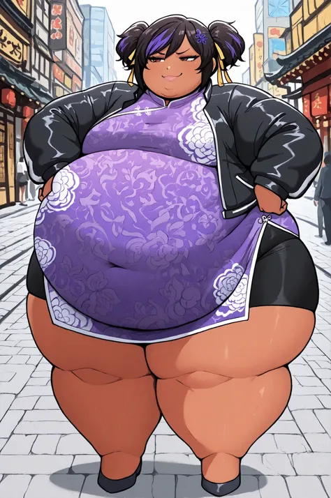 masterpiece, best quality,1girl, solo,gogo tomago,,multicolored hair hair, twin tails, brown eyes, lips, dark skin, Asian, shirt, long sleeves, hair ornament, ribbon, hair ribbon, open clothes, shorts, open jacket, black jacket, black shorts, Chinese cloth...